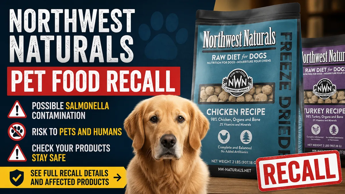 Dog owner reading a pet food bag label while their dog looks on attentively