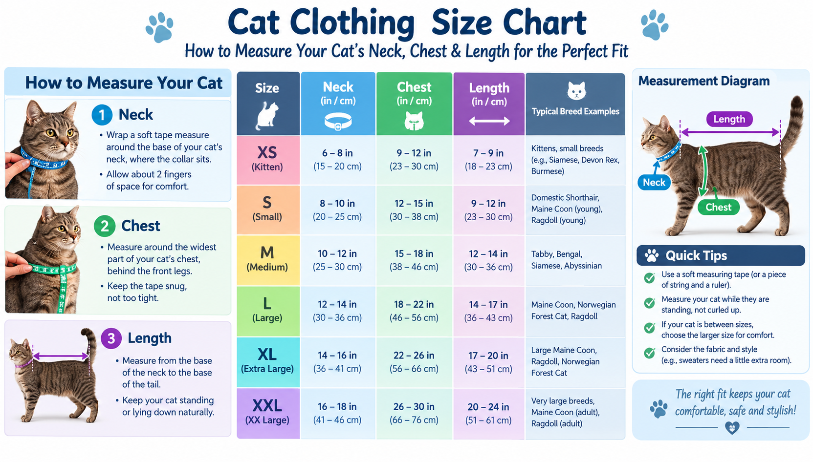 How to measure a cat for clothing: diagram showing neck girth, chest girth, and back length measurement points on a cat