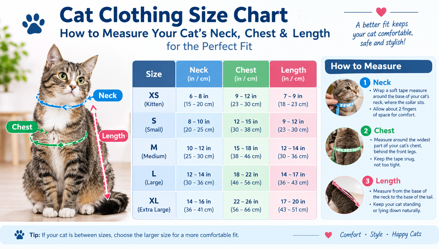 Cat clothing size chart showing how to measure neck girth, chest girth, and back length for proper fit across cat breeds including Maine Coon, Ragdoll, and Sphynx